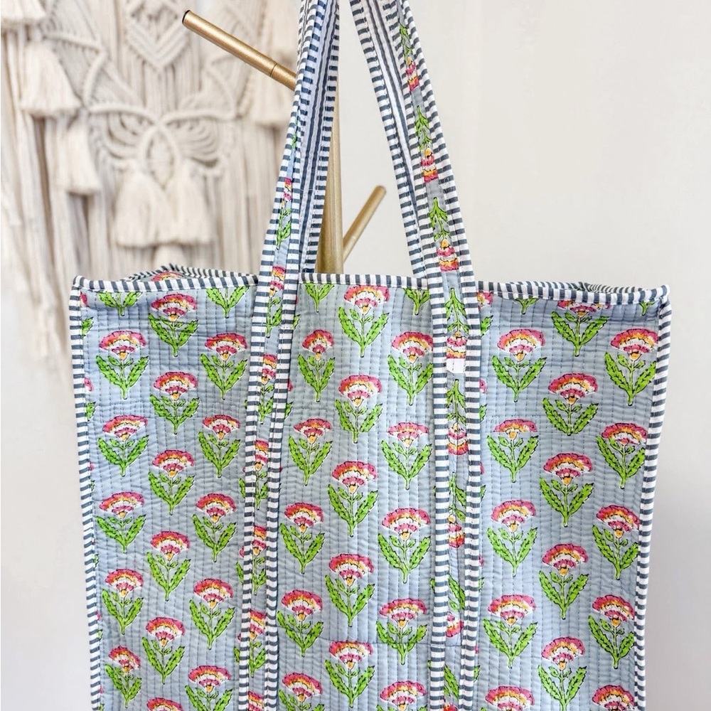 Floral Patterned Quilted Large Tote Bag + 3 PC Multi Size Bag Set